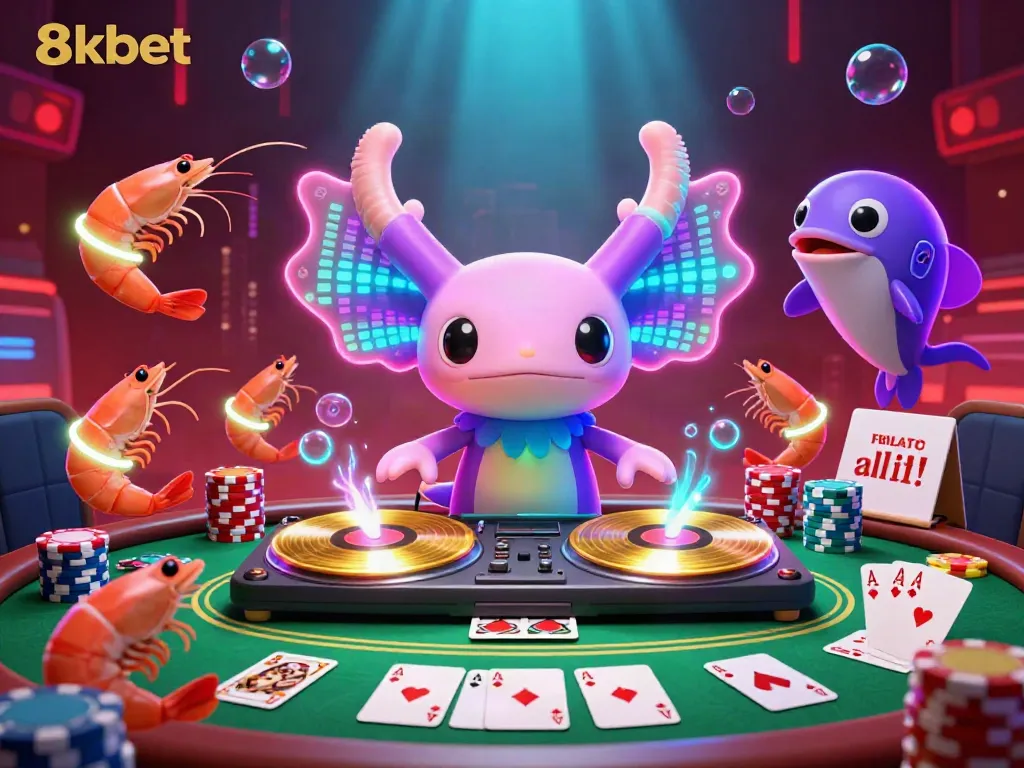 Spin and win with 8kbet in a vibrant casino scene featuring a neon axolotl DJ and playful shrimp.