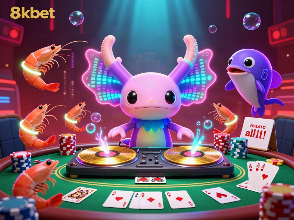 Spin and win with 8kbet in a vibrant casino scene featuring a neon axolotl DJ and playful shrimp.