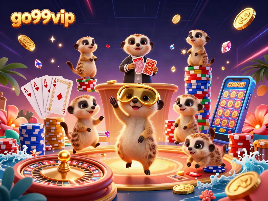 Experience dynamic wins at go99vip with meerkats in an energetic casino scene featuring cascading coins.