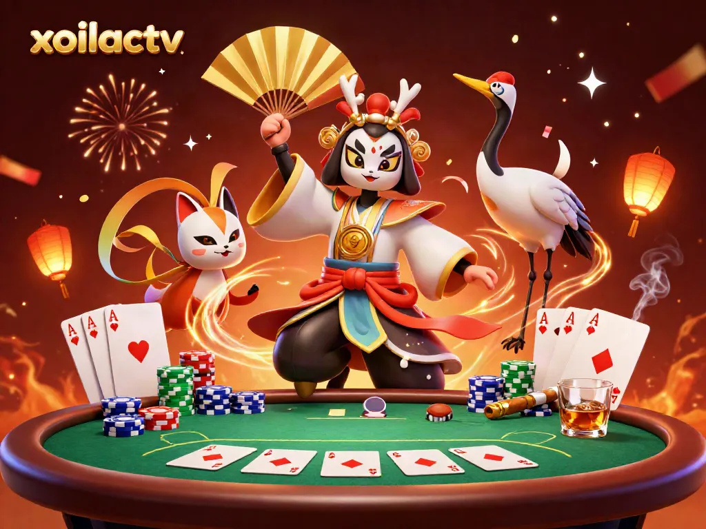 Xoilactv showcases dynamic 3D characters celebrating a winning moment at a vibrant casino scene.