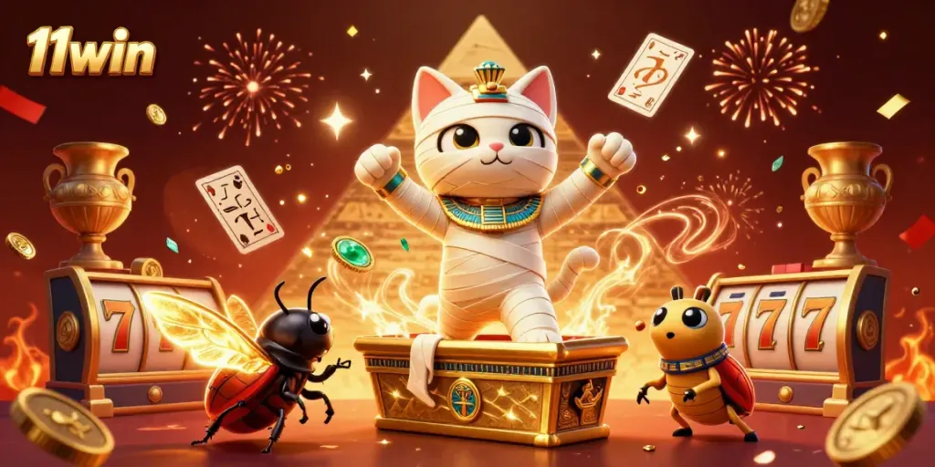 Experience thrilling wins at 11win with the magical Egyptian mummy cat and stunning casino elements.