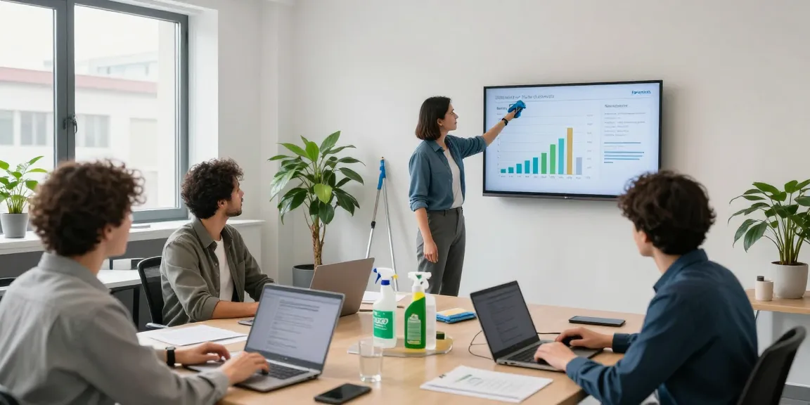 Büroreinigung Göttingen: Professionelles Team bespricht Reinigungsstrategien in modernem Büro