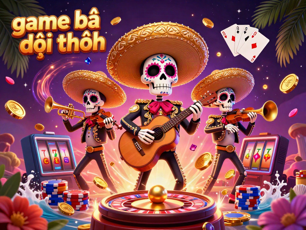 Experience game bài đổi thưởng with vibrant skeleton mariachi band, coins, and poker elements in action
