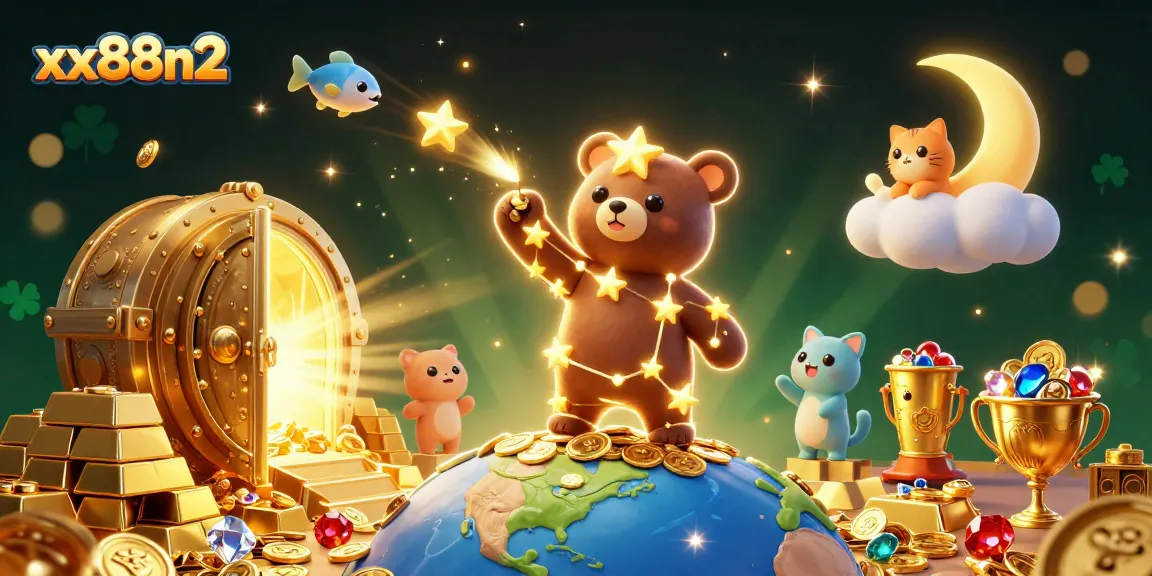 Experience exciting wins at xx88n2's dazzling casino with colorful treasures and animated characters.