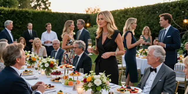Tucker Carlson Wife Heiress Net Worth revealed at a glamorous outdoor garden party with elegant decor and lively conversations.