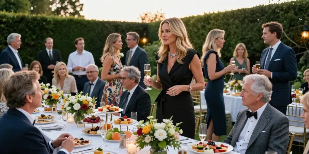 Tucker Carlson Wife Heiress Net Worth revealed at a glamorous outdoor garden party with elegant decor and lively conversations.