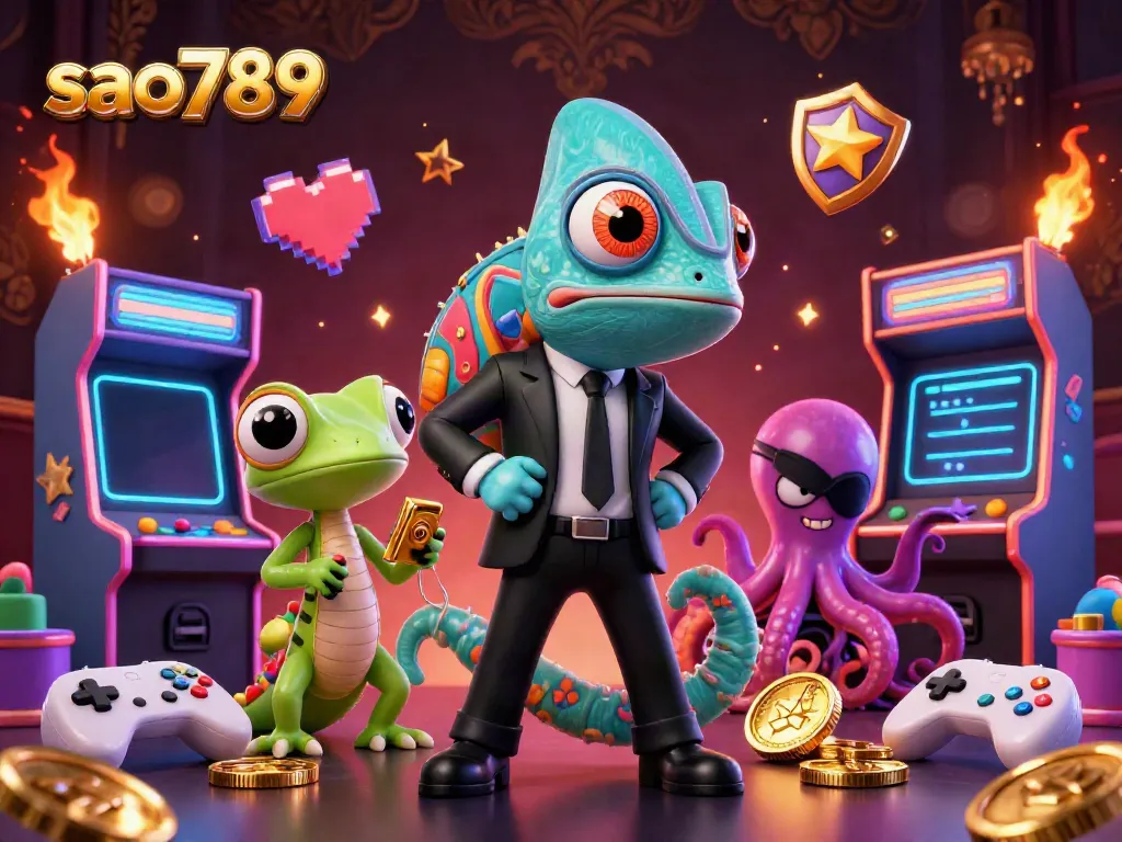Sao789 highlights a chameleon agent, gadget gecko, and an octopus in a thrilling casino scene.