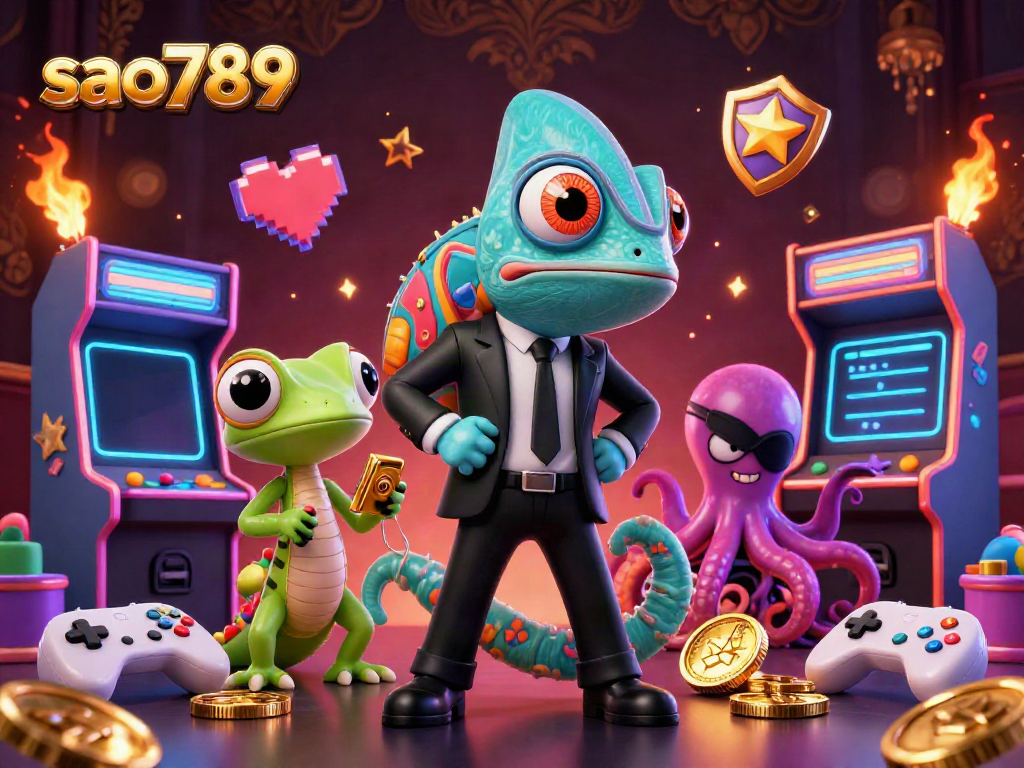 Sao789 highlights a chameleon agent, gadget gecko, and an octopus in a thrilling casino scene.