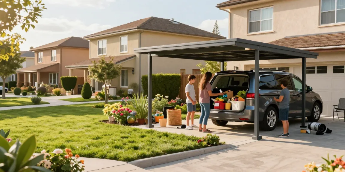 Moderne Carport-Installation mit Familie, die Einkäufe aus dem Minivan entlädt, sonniger Garten.