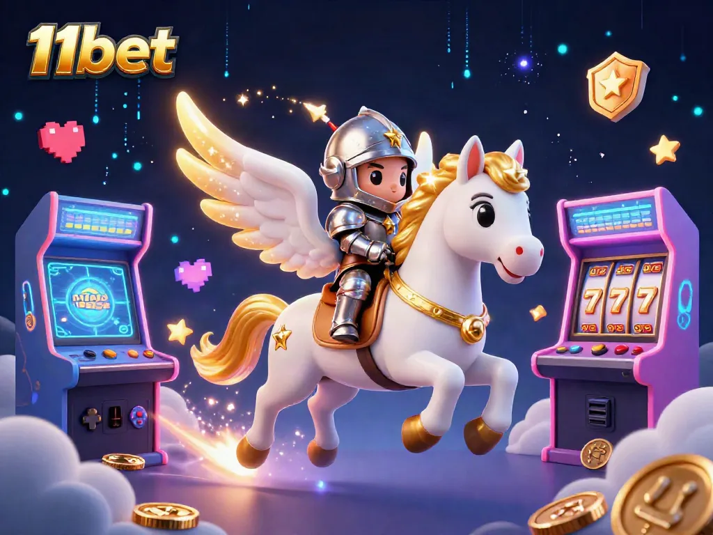 Immerse in 11bet's vibrant 3D fantasy world with a winged horse and gaming icons