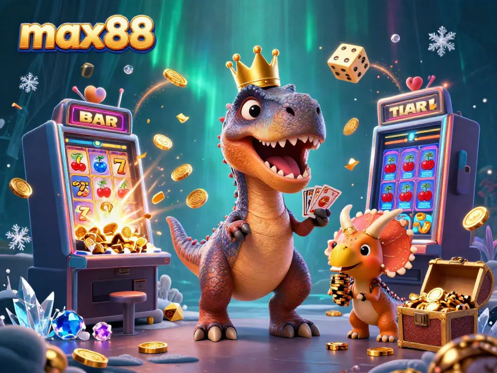 Experience max88 with a fun dinosaur-themed casino scene showcasing slot machines and vibrant game elements.