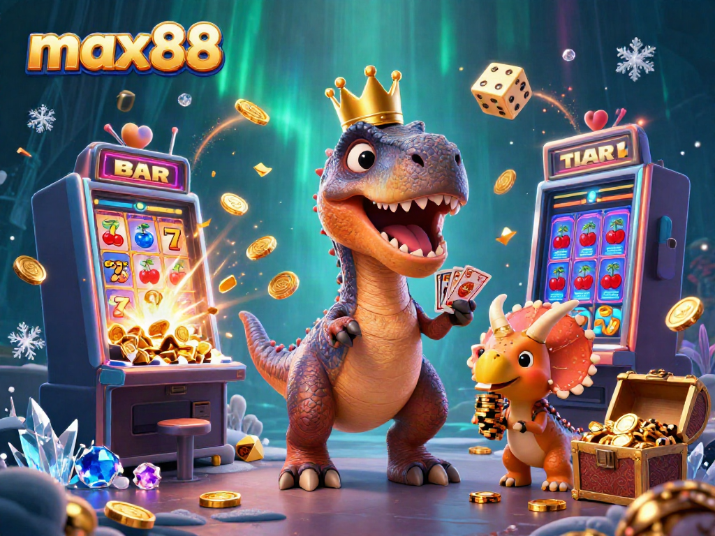 Experience max88 with a fun dinosaur-themed casino scene showcasing slot machines and vibrant game elements.