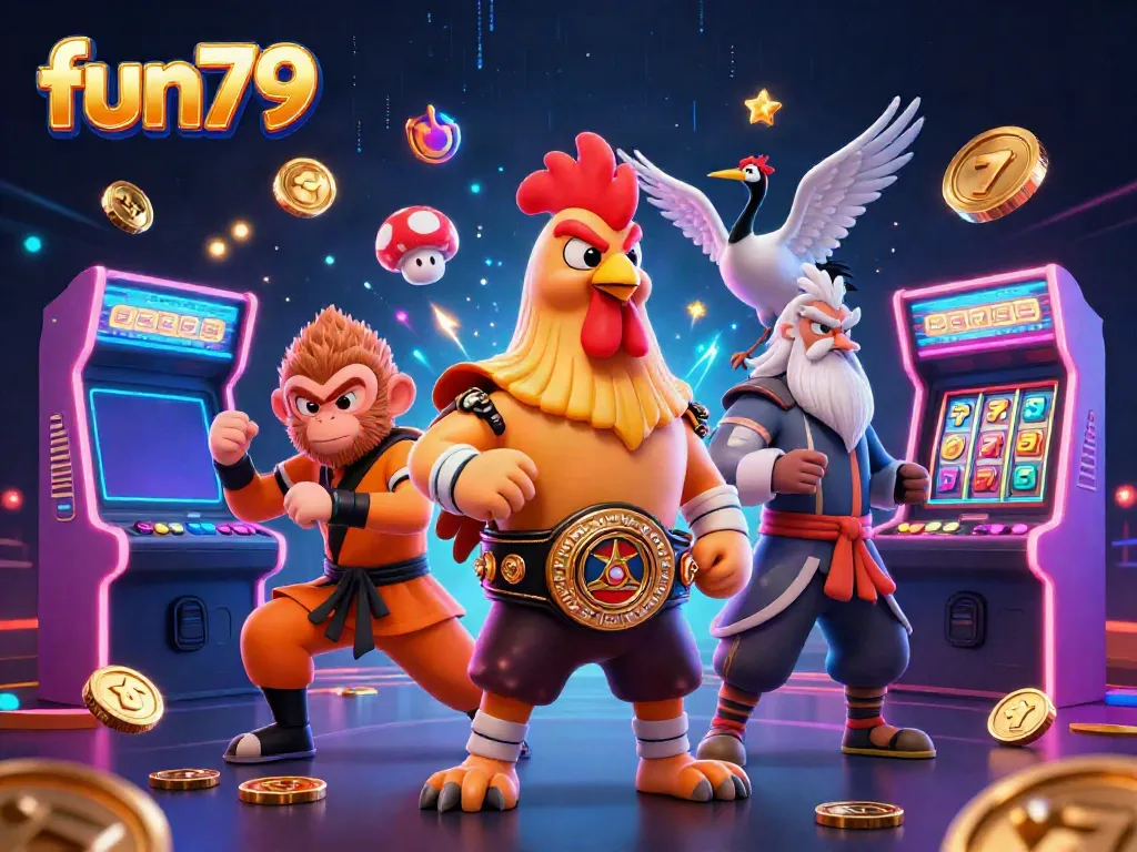 Experience excitement at fun79 with a vibrant 3D casino scene featuring unique characters and gaming elements.