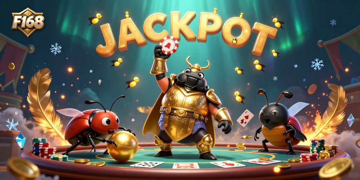 Engage with F168 Poker strategies illustrated by a victorious beetle in a dynamic casino scene.