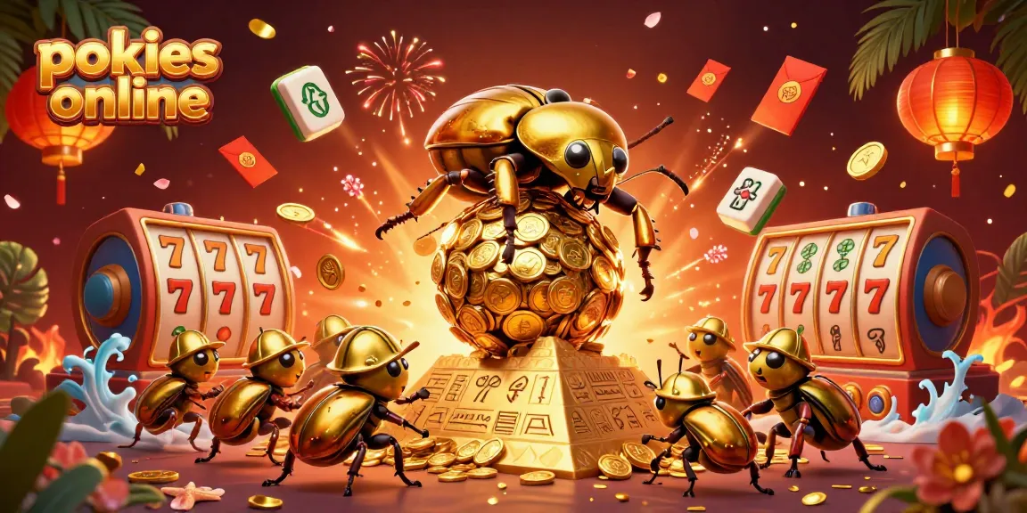 Experience thrilling pokies online amid a vibrant 3D casino scene with golden beetles and slot reels.