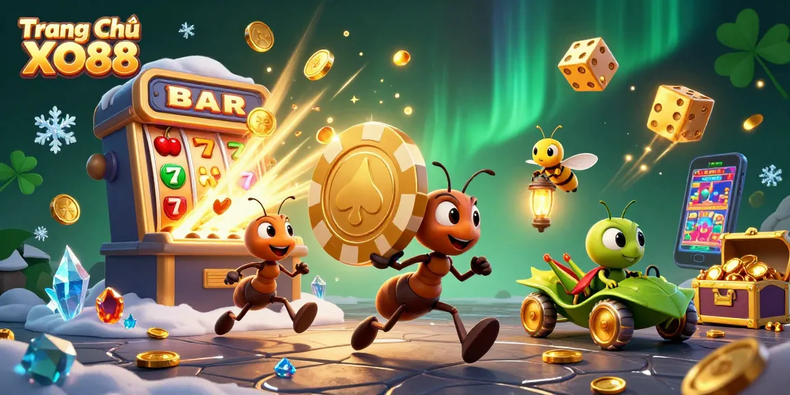 Experience thrilling wins at Trang Chủ XO88 with a dynamic 3D illustration of animated casino adventures.