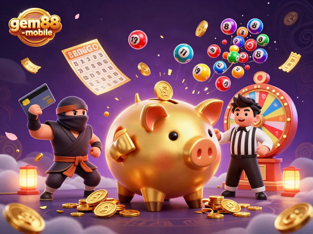 Experience the thrill of gem88-mobile with vibrant 3D casino characters celebrating in a dynamic scene.