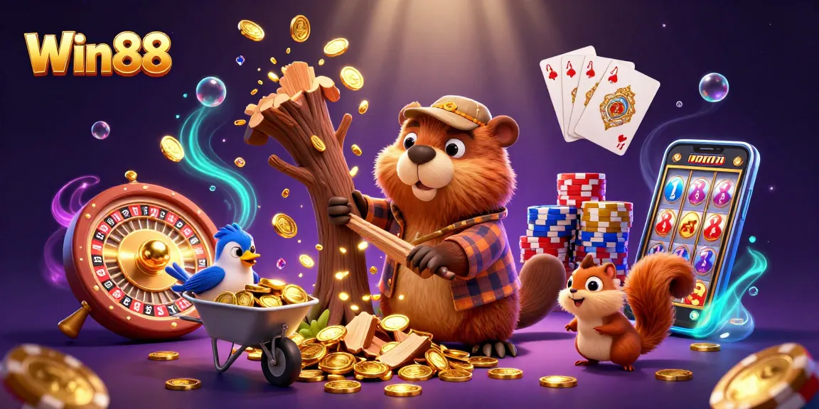 Win88's vibrant gambling scene features a beaver, bird, and squirrel in a whimsical casino adventure.