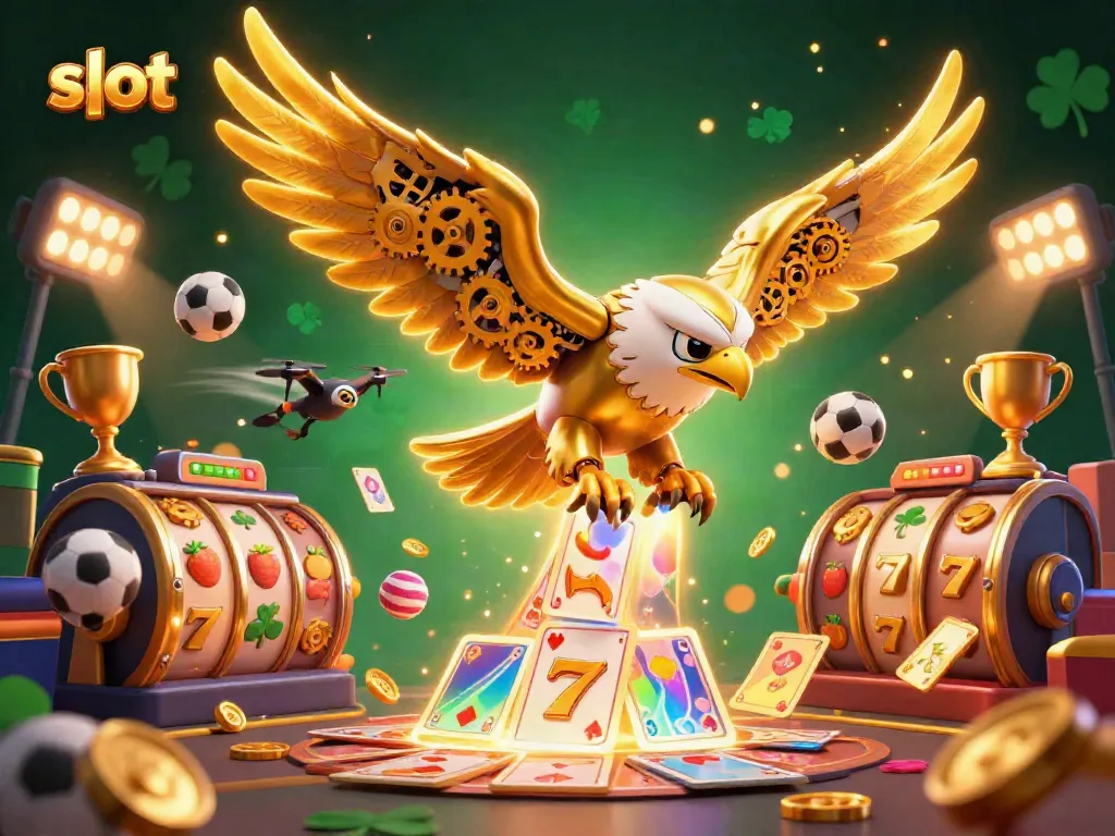 Experience the thrill of slot games with this dynamic, colorful 3D illustration featuring a golden eagle and excitement.