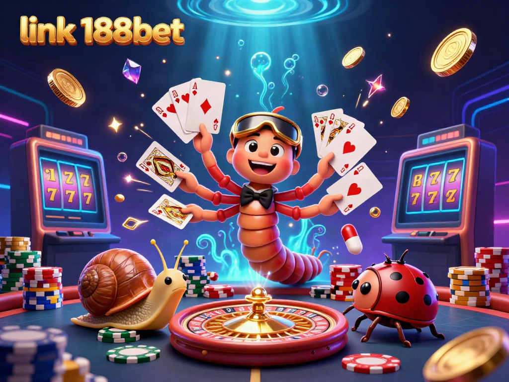 Experience casino excitement with the vibrant scene showcasing link 188bet featuring a whimsical millipede dealer.