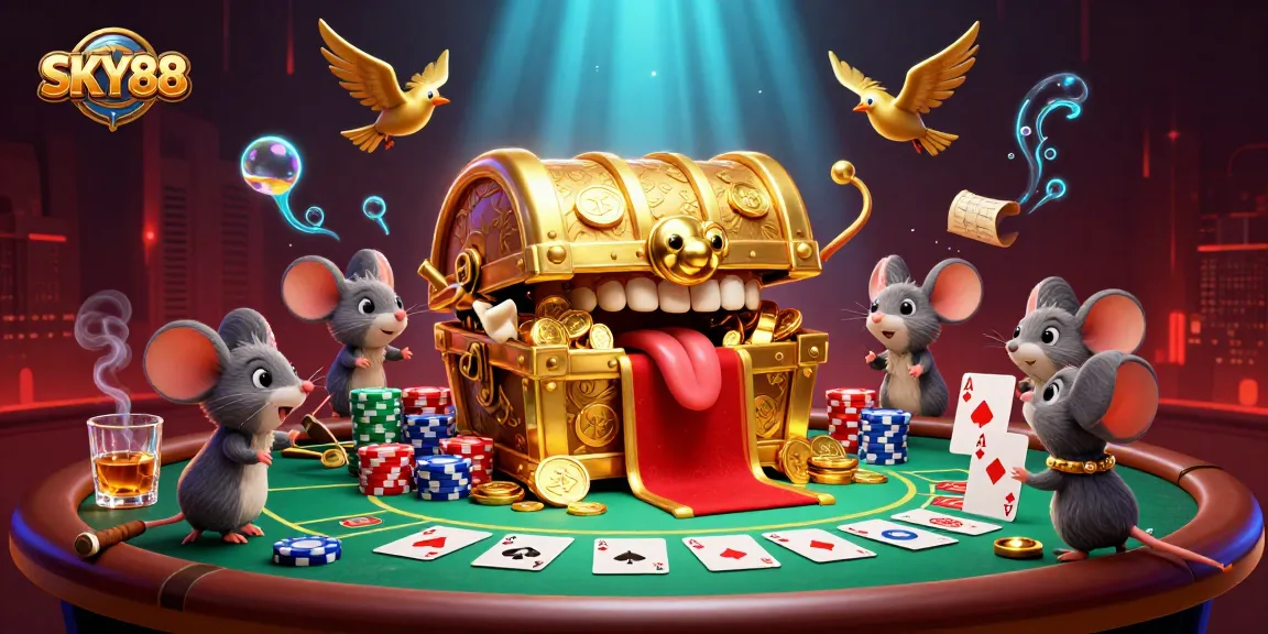 Engage with SKY88 at a vibrant poker scene featuring treasure chests and colorful chips.