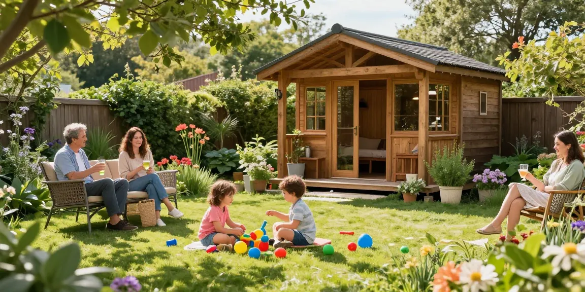 Wunderschönes Gartenhaus in einem blühenden Garten mit Familie und Freunden.