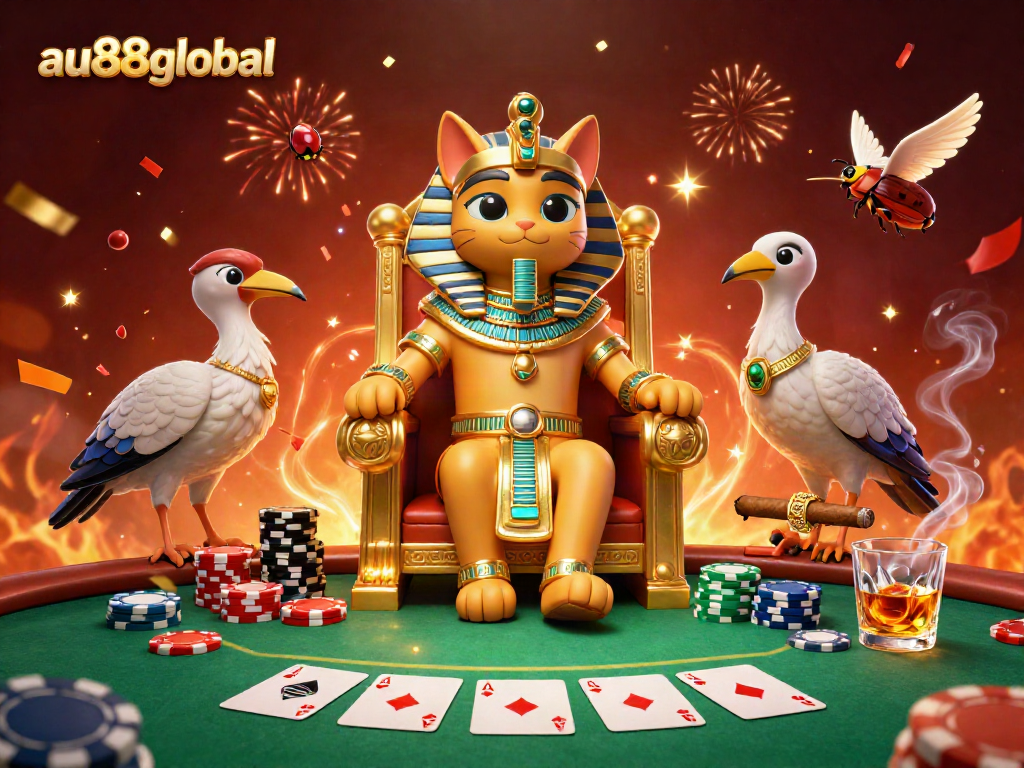 Experience exhilarating poker action at AU88global with iconic casino characters and vibrant decorations.