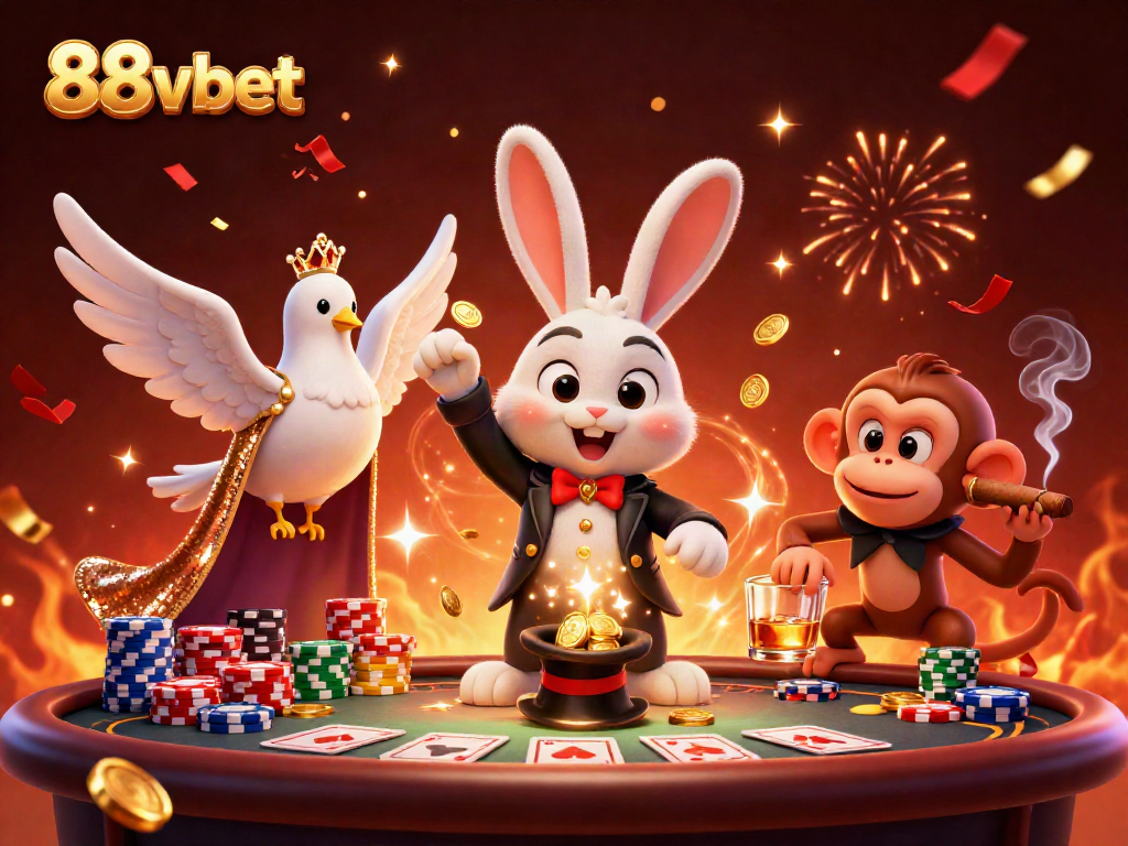 Experience the thrill of 88vbet with a cartoon magician rabbit pulling coins from a hat amid poker action.