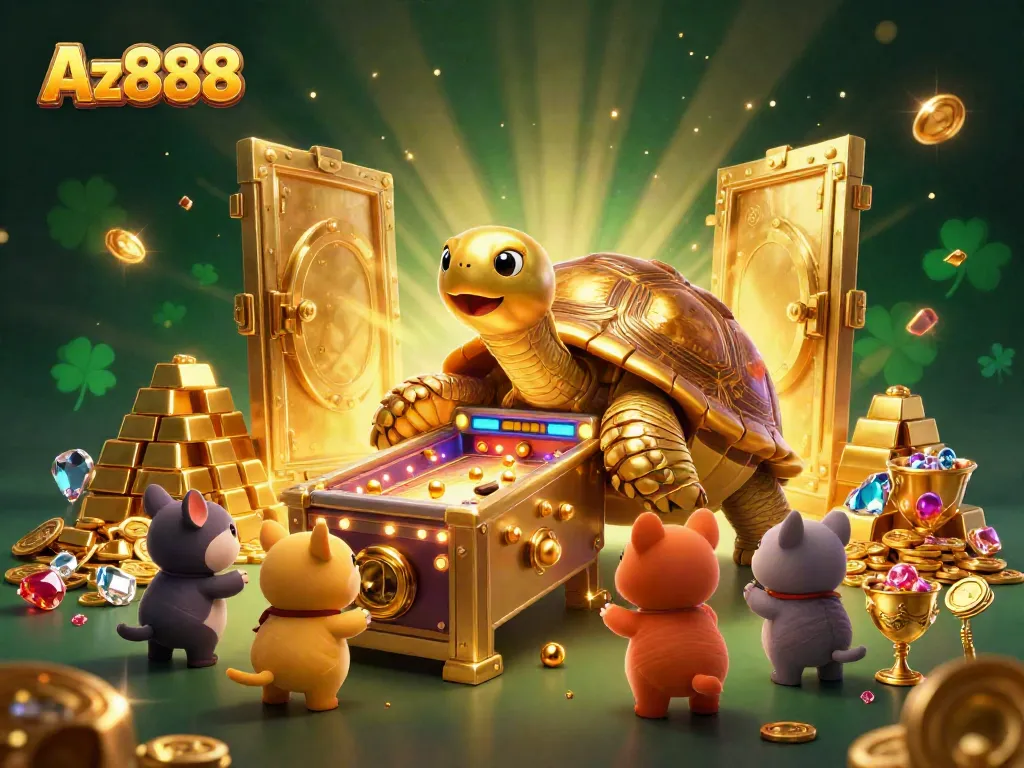 Experience the Az888 casino adventure with a colossal golden tortoise pinball machine amidst treasures and excitement.