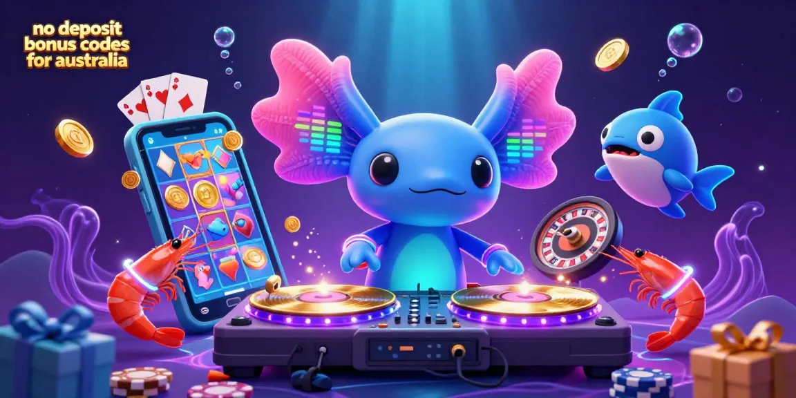 No deposit bonus codes for australia with a vibrant axolotl DJ at an underwater casino party.