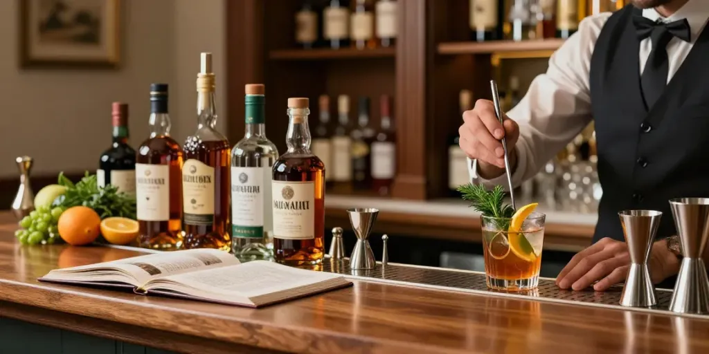 Stilvolle Spirituosensammlung mit Whiskey, Gin und Rum auf einer Holzbar