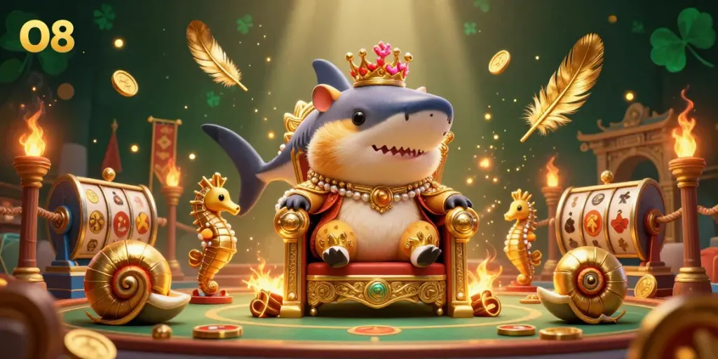 Engage with O8's vibrant casino world featuring a hamster king on a megalodon throne surrounded by oceanic elements.
