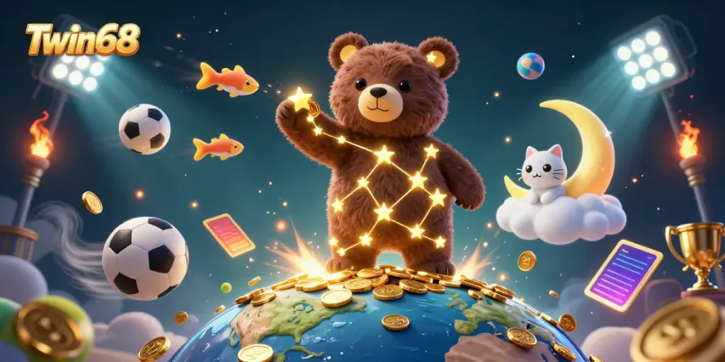 Experience the thrill of Twin68 with a vibrant 3D scene featuring dynamic gambling elements and a colorful cosmic backdrop.