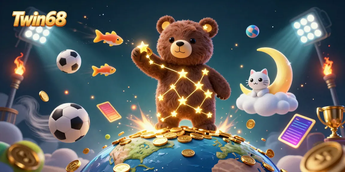 Experience the thrill of Twin68 with a vibrant 3D scene featuring dynamic gambling elements and a colorful cosmic backdrop.