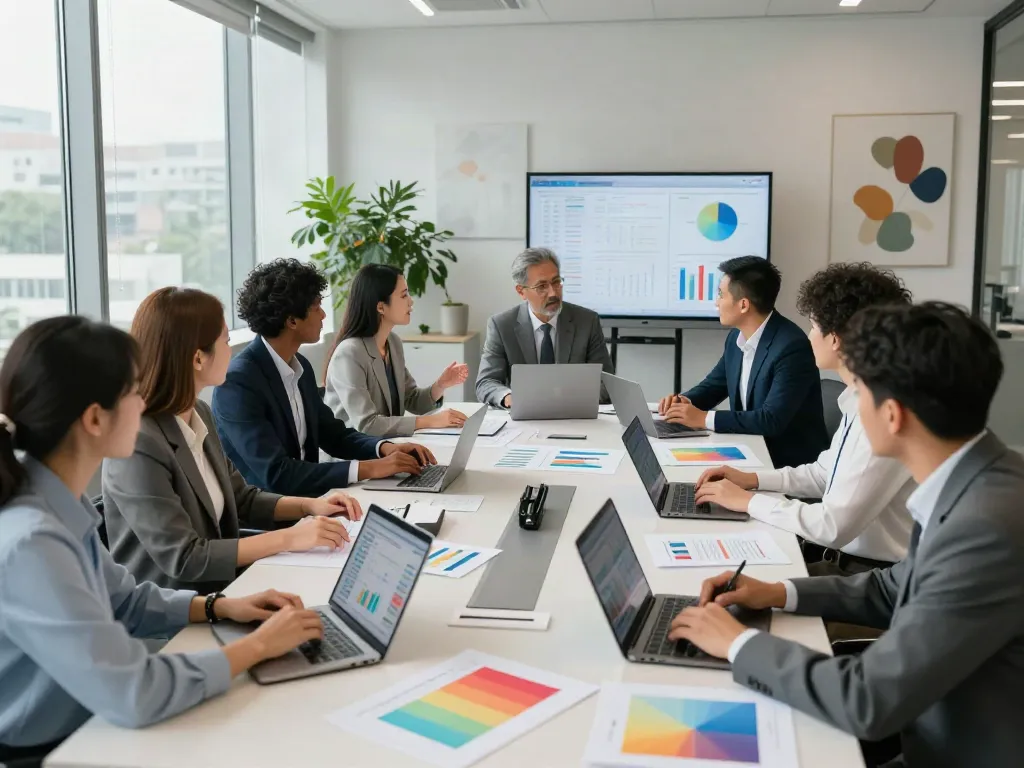 Reunião de negócios com equipe diversificada analisando métricas de desempenho no ambiente corporativo, foco em bpi empresas.