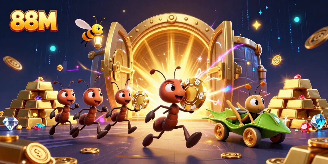 Experience the thrill of 88M gaming with 3D ants on a heist amidst gold chips and treasures.
