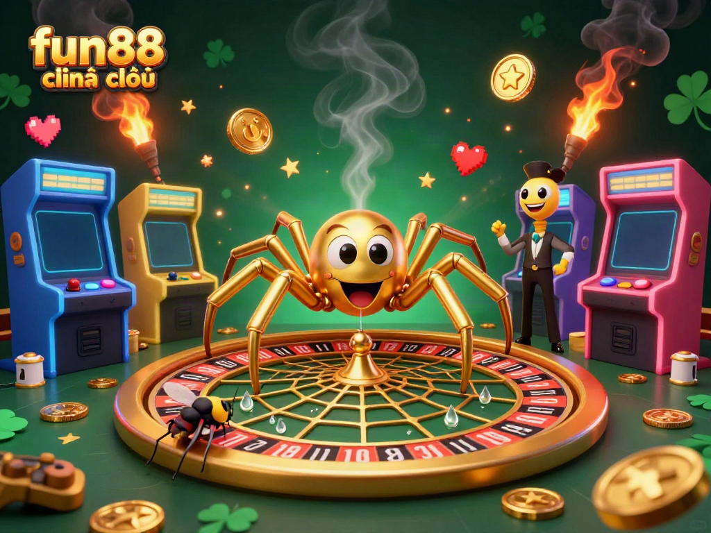 Engage with fun88 chính thức at this vibrant 3D casino illustration featuring unique gaming elements and characters.