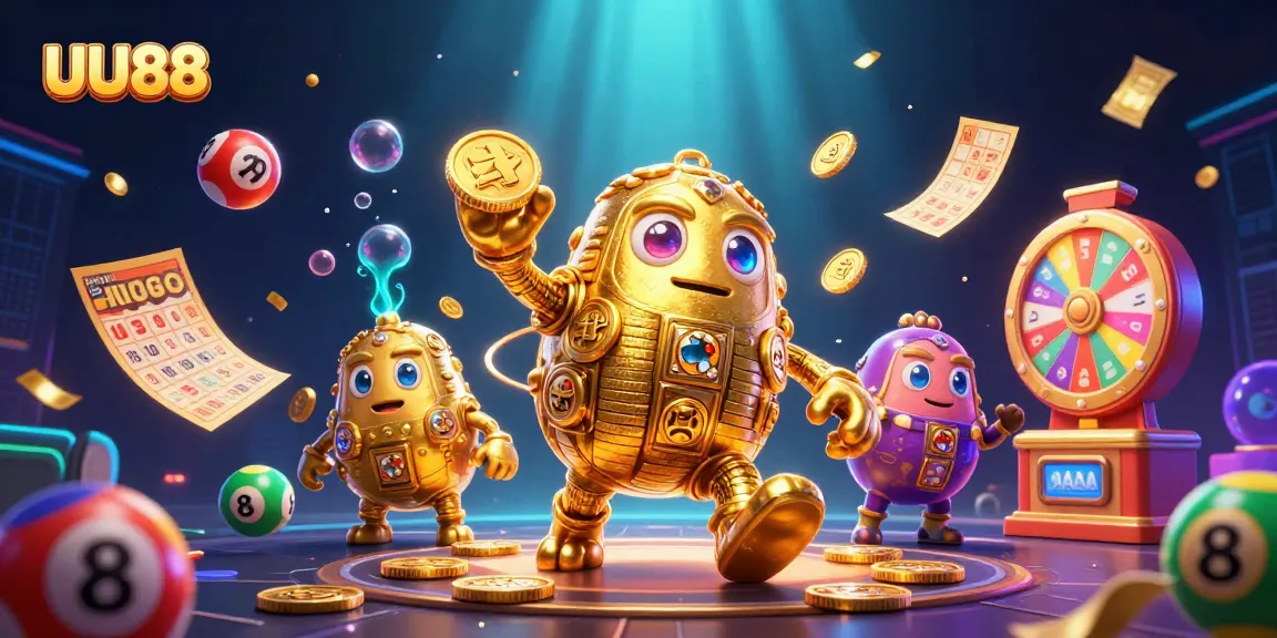 Engage with UU88's vibrant 3D lottery-themed scene featuring a dynamic golden golem made of coins.