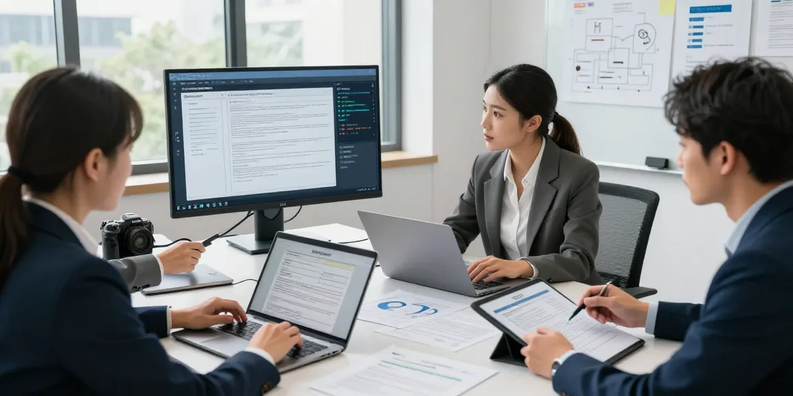 Team analyzing documents for document fraud detection in a modern office environment.