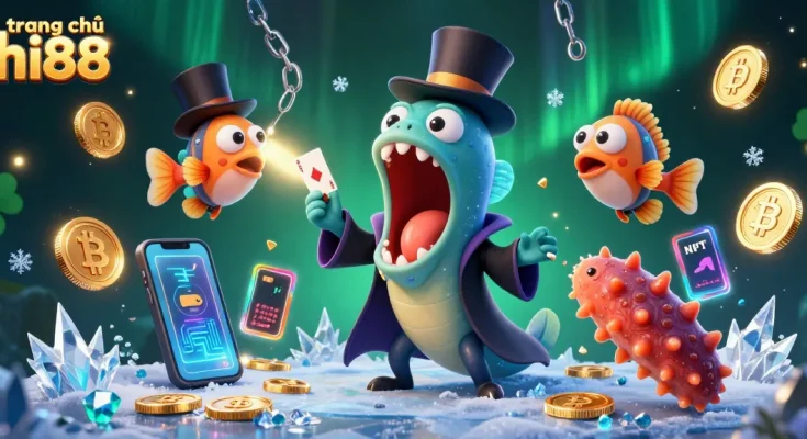 Engage in thrilling experiences at trang chủ hi88 with 3D magical sea creatures performing astounding card tricks amidst vibrant casino elements.