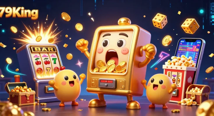 79King slot machine wins big jackpot, surrounded by cheering baby slots and golden coins.