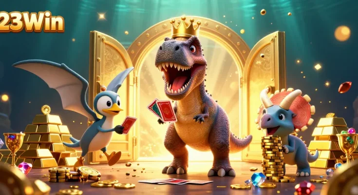 Engage with 23Win's thrilling casino world featuring T-Rex playing cards amidst a dazzling treasure vault scene.