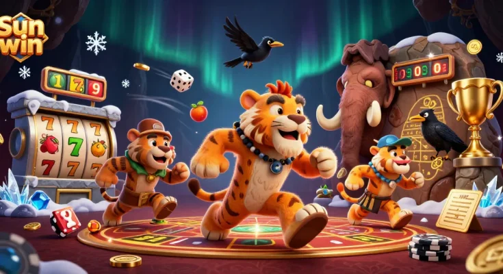 Experience exciting gameplay at Sun win with thrilling slot reels and playful cavemen in a rich casino setting.