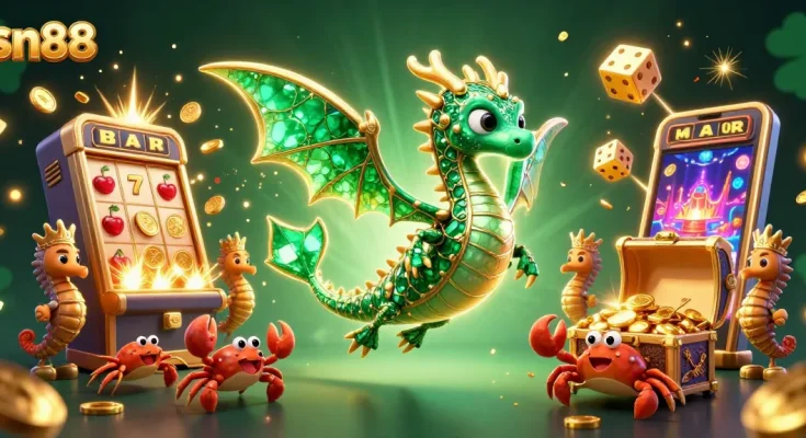 Engage in thrilling gameplay at sn88 with 3D sea dragon amidst vibrant casino elements showcasing jackpots.