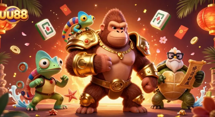 Experience thrilling gaming at uu88 with a gorilla in armor, vibrant colors, and various casino elements.