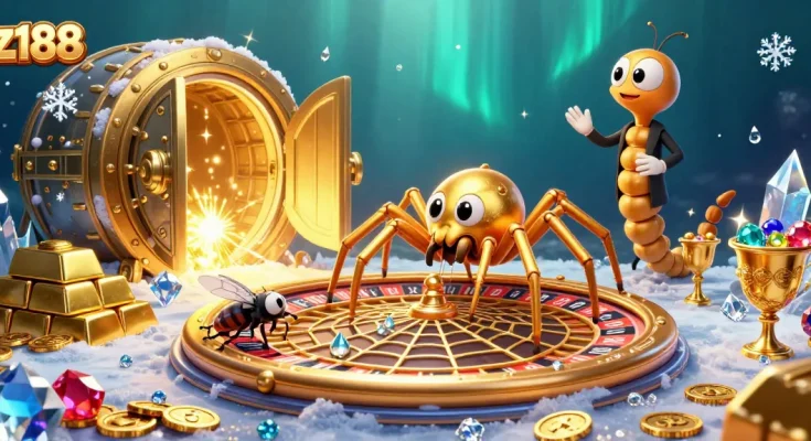 Engage at z188 with playful 3D casino characters and golden treasures illustrating roulette excitement.
