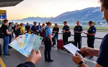 Überprüfung des Schengen-Grenzschutzes am internationalen Grenzübergang mit Reisenden und Behörden.