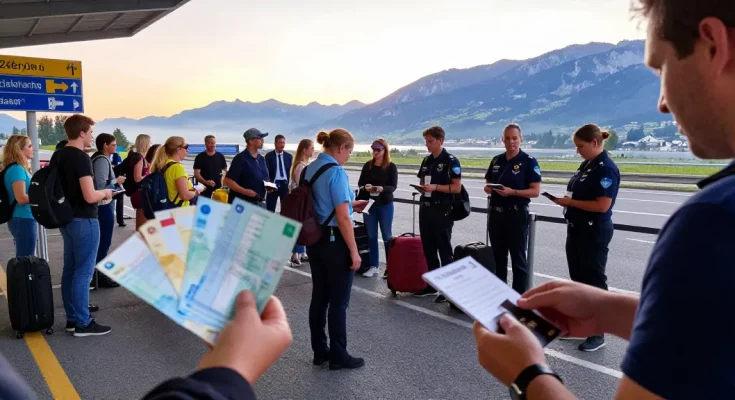 Überprüfung des Schengen-Grenzschutzes am internationalen Grenzübergang mit Reisenden und Behörden.