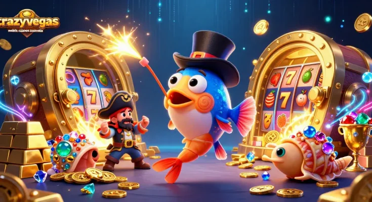Experience the thrill of crazyvegas mobile casinos australia with an exciting 3D cartoon scene featuring winning symbols and treasure.