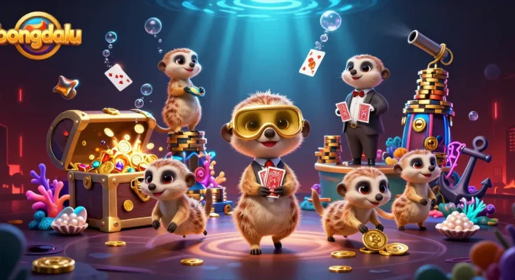 Bongdalu meerkats running a casino with colorful gems and glowing elements showcasing action-packed gameplay.